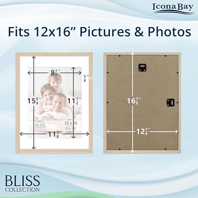 Icona Bay - 12x16 Light Oak Picture Frame Fits 11x15 Photos with Mat to 9x12 Image - Modern Style Engineered Wood Poster Frame - Wall Mount Only - Bliss Collection