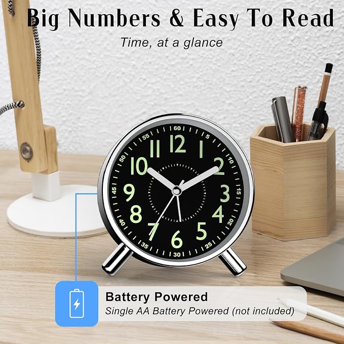 Analog Alarm Clock Night Ligh Battery Operated for Bedroom - Image 3
