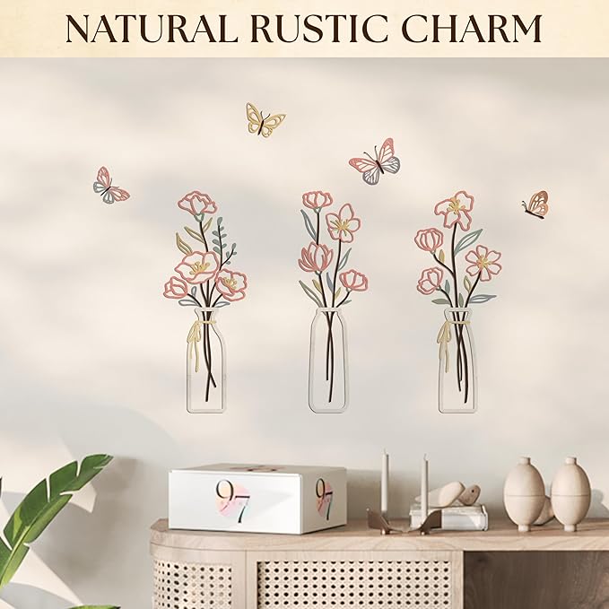 97 Decor 3 Piece Metal Flower Wall Art - Floral Metal Wall Sculptures For Living Room Decorations, Rustic Farmhouse Decor Minimalist Art, Boho 3d Flowers Walls Decors For Bathroom Kitchen Bedroom
