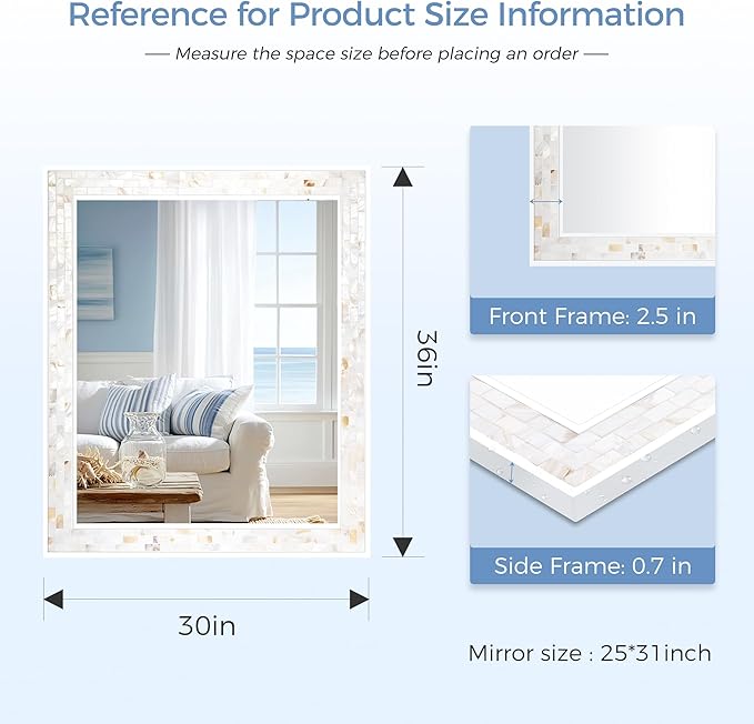 Tanmicoshomy 30 x 36 Inch White Bathroom Mirror, Natural Shell Framed Rectangle Mirrors with Tempered for Bathroom Bedroom, Living Room, Wall Mounted Horizontal or Vertical Hanging