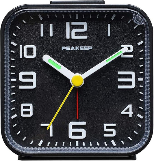 Peakeep 3D Numbers No Tick-Tock Analog Alarm Clock Classic Beep Sound | Snooze, Manual Light and Battery Powered Small for Travel (Black-3D) by PEAKEEP