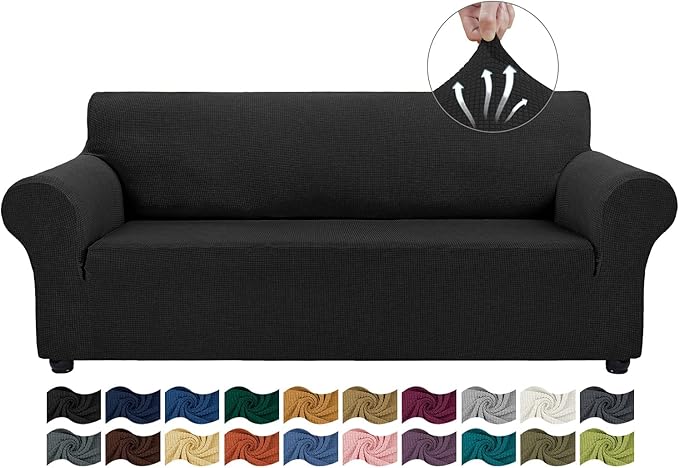 Asnomy Couch Covers for 3 Cushion Couch Sofa Pet Friendly, 3 Seater Sofa Cover Washable Slipcovers Protector Furniture Covers for Dogs Spandex Jacquard Fabric Small Checks???Large???Black???