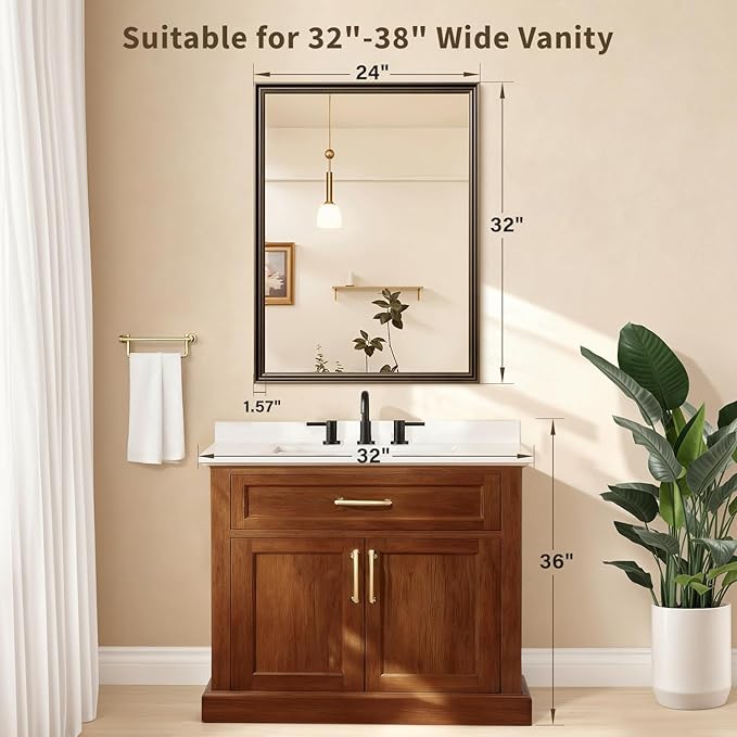 Retro Copper Effect Framed Wall Mirror, 24x32 Rectangle Mirror, Anti-desilvering Tempered Glass, Sustainable& Sturdy Frame, Farmhouse Mirror, Anti-Rust, 3min Fast Setup for Bathroom Living Room