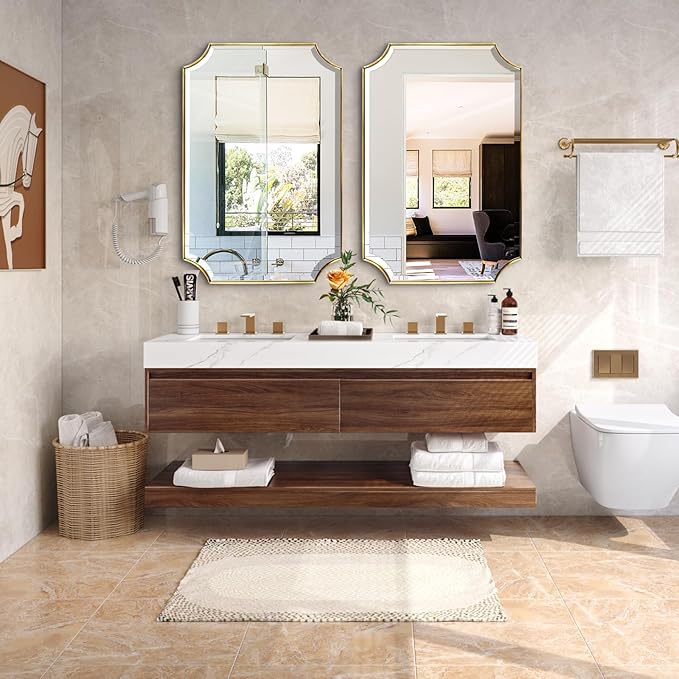 POZINO Rectangle Beveled Mirror, 24"x40" Brushed Gold Bathroom Vanity Mirrors with Stainless Steel Frame, Modern Aesthetic Wall Mirror for Hallway Entryway Living Room, Horizontal or Vertical Hanging