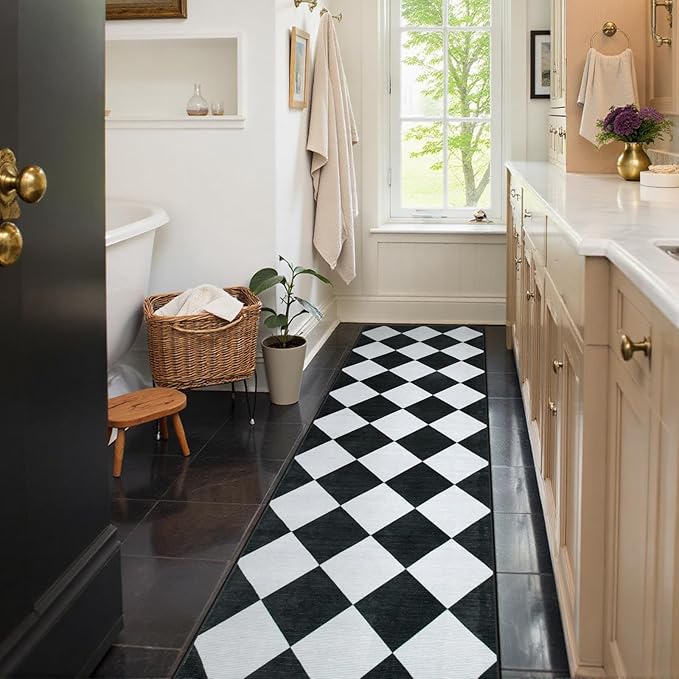 Beeiva Checkered Print Runners for Hallways 2.5x8, Ultra Thin Black Kitchen Runners Non Skid Washable 8 ft, Modern Diamond Stain Resistant Low Pile Carpet for Bathroom Entryway Bedroom Laundry
