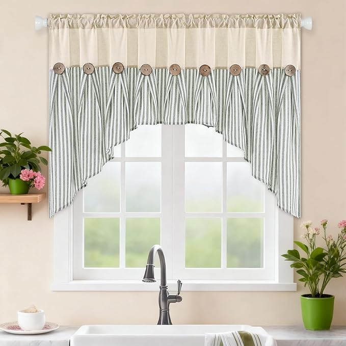 ASPMIZ Farmhouse Cotton Linen Swag Valances for Windows, Boho Rustic Kitchen Curtains Valances with Buttons, Green Striped Window Treatments Curtain Valance for Bathroom Cafe, 61 x 36 Inch, 1 Panel
