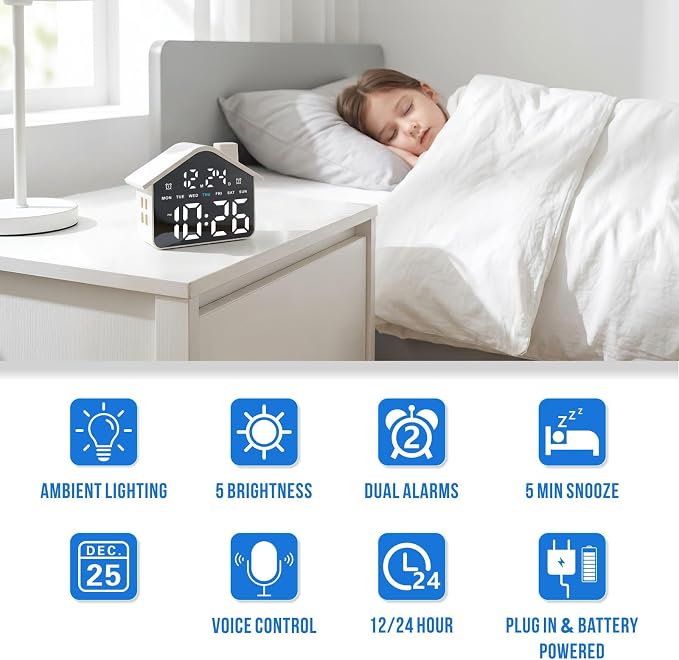 Plumeet Digital Alarm Clock, Bedroom Clock with Large Numbers, Date, Week, Dual Alarms, Dimmer and Ambient Light, House-Shaped Electric Bedside Desk Clock, Adapter Batteries Powered, White - Image 2