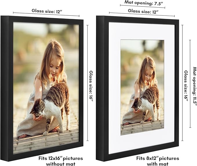 Americanflat 12x16 Picture Frame with Polished Plexiglass - Use as 8x12 Frame with Mat or Display 12x16 Photo Without Mat - Soho Collection - Deep Molding Picture Frames for Wall Display - Black