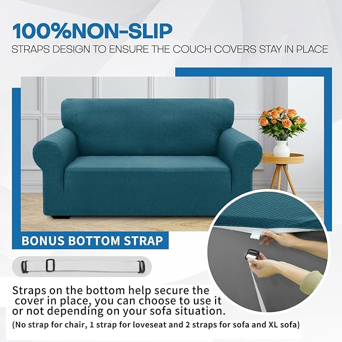 XINEAGE New Extra Large Couch Cover for 3 Cushion Couch (91"-110") 1 Piece Stretch Oversized Sofa Slipcovers Jacquard 4 Seater Furniture Protector Elastic Bottom for Kids,Pet (XL Sofa, Peacock Blue)