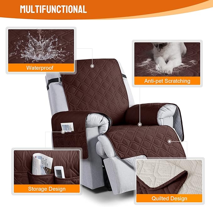 VANSOFY 100% Waterproof Recliner Chair Covers, Recliner Cover Non-Slip Dog Chair Cover Furniture Protector Washable Slipcover with Pocket, Elastic Straps for Pets, Dogs(Coffee, 22")