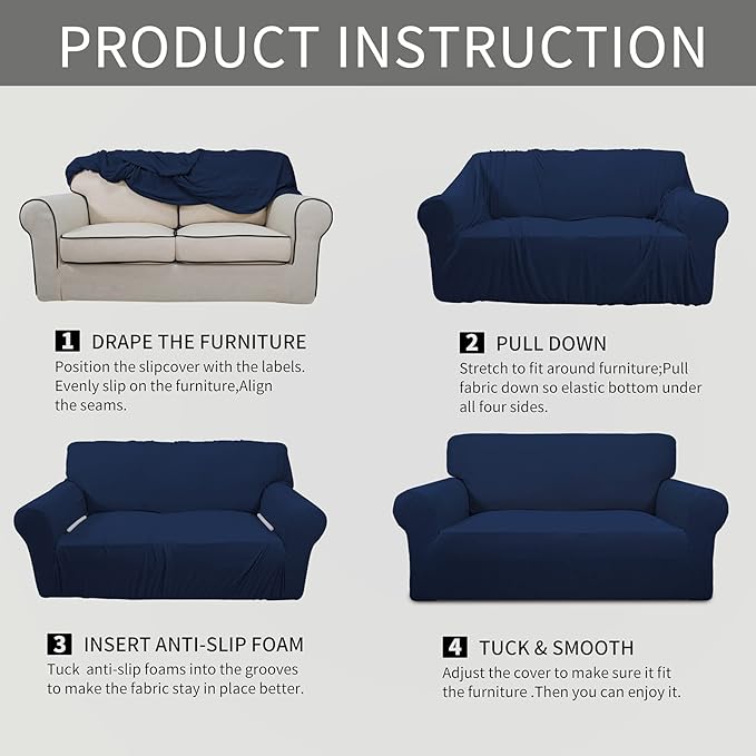 Easy-Going Stretch Sofa Slipcover 1-Piece Sofa Cover Furniture Protector Couch Soft with Elastic Bottom for Kids, Polyester Spandex Jacquard Fabric Small Checks (Sofa, Navy)