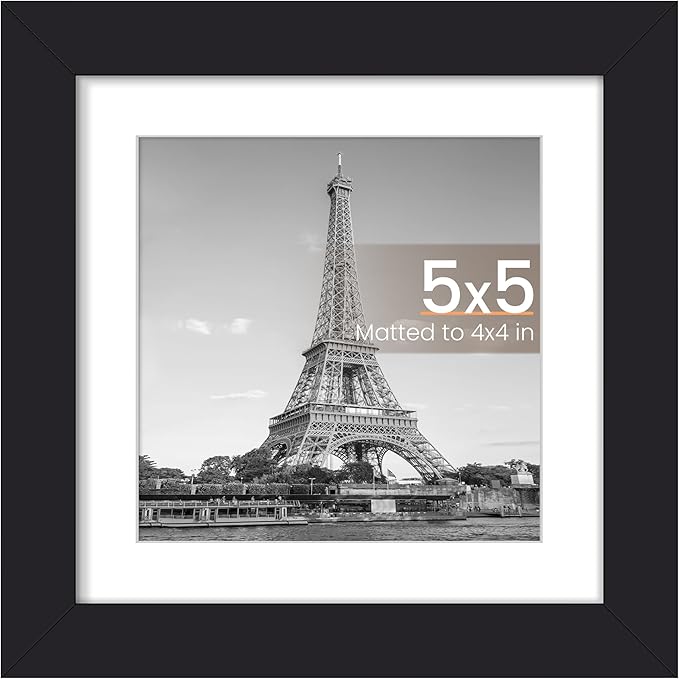 upsimples 5x5 Picture Frame, Display Pictures 4x4 with Mat or 5x5 Without, Wall Hanging Photo Frames, Black, 1 Pack