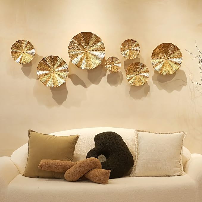 Gold Wall Decor for Living Room Hallway, 7PCS Metal Wall Art Hanging Sculptures Bedroom Decoration, 3D Metal Leaf Accent with 5 Sizes, Large Modern Artwork for Home Office Bathroom Kitchen