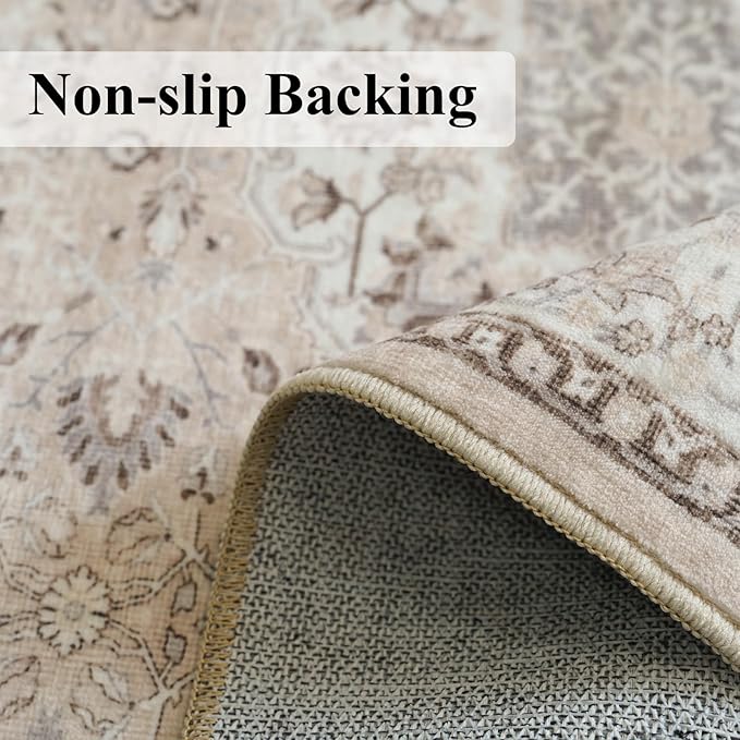 Washable 2x5 Hallway Runner Rug: Vintage Water Resistant Kitchen Entryway Rug Ultra Soft Living Room Bedroom Carpet with Non Slip Backing Indoor Low Pile Floor Mat for Bathroom Dining Room(2X5,Beige)