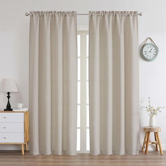 Chyhomenyc Curtains 72 Inch Length 2 Panels, Faux Linen Textured Light Filtering Soft Airy Privacy Farmhouse Curtain Drapes for Living Room Bedroom, 40 Wx72 L Inches, Moon Beige