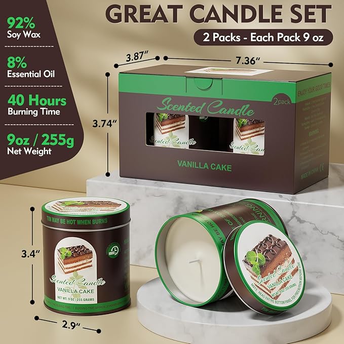 2 Pack Scented Candles (90 Total Burn Hours) - Soy Wax Candles 9 oz Each in Tin - Long Lasting Aromatherapy Candle Gift Set (Vanilla Cake)