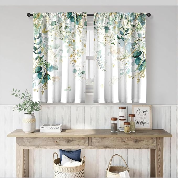 Green Eucalyptus Leaves Kitchen Curtains Elegant Wild Flower Curtains 39 Inches Sage Green Cafe Small Drapes White Floral Curtain for Bathroom RV Camper Light Filtering Rod Pocket 2 Panels