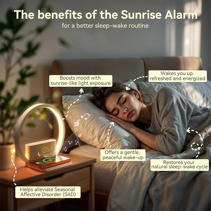 Vivilumens Sunrise Alarm Clock Wireless Charger, 10 White Noise Sound Machine Alarm Clock with 30/60/90 Mins Timer, 3 Levels Touch Night Light Dual Clocks for Heavy Sleeper Bedroom Decor Gift for Her - Image 2