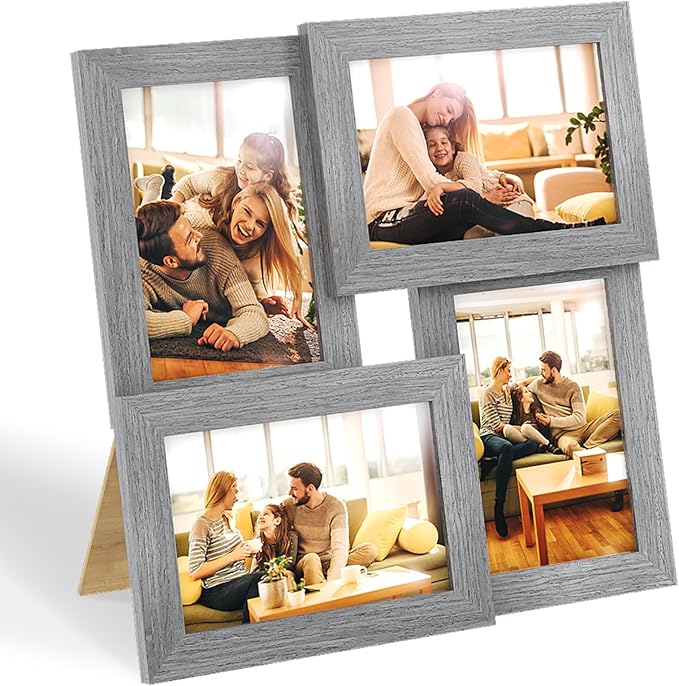Egofine 4x6 Picture Frame Collage, Family Picture Frame for 4x6 pictures Covered by Plexiglass for Wall Hanging and Tabletop, 4-opening Dimensional Picture Frame for Home Deor, Oak Grey