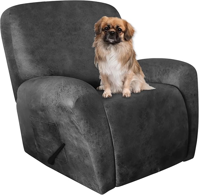 ANARACHON Leather Like Recliner Chair Covers Heavy Duty, 4 Pieces Recliner Cover for Recliner Chair, Leather Cover for Recliner slipcovers Washable for Pets (Light Grey 2)