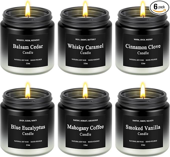 6 Pack Men Candles for Home Scented, Soy Wax 200 Hour Long Lasting Candle, Soy Candle Gifts Set for Birthday, Valentine, Christmas, Anniversary Present