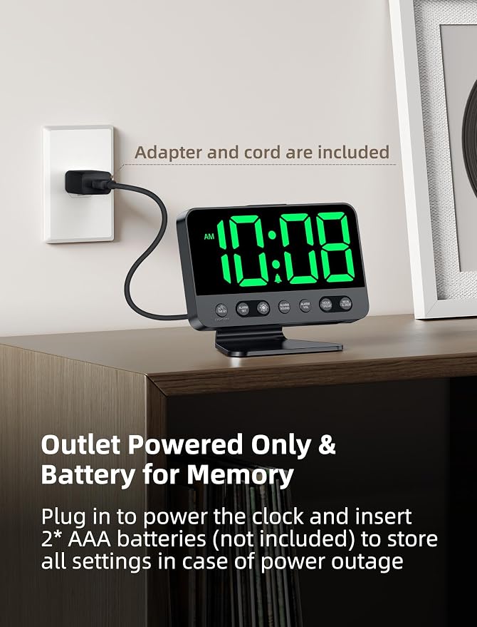 Odokee Digital Alarm Clocks for Bedrooms with Large Bold Number | Electric Desk Clock with Night Light & Brightness Dimmer - Loud Alarm for Heavy Sleepers with Adjustable Volume - Green - Image 6