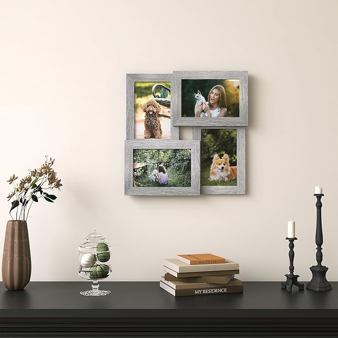 Egofine 4x6 Picture Frame Collage, Family Picture Frame for 4x6 pictures Covered by Plexiglass for Wall Hanging and Tabletop, 4-opening Dimensional Picture Frame for Home Deor, Oak Grey