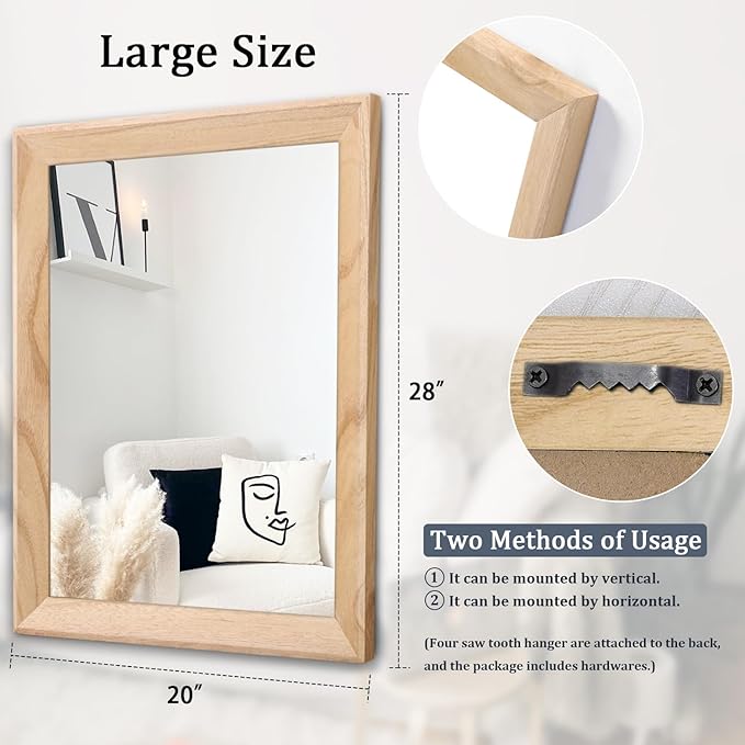 AAZZKANG Rustic Mirrors for Wall Rectangle Wood Frame Mirror Large 28"x20" Decorative for Farmhouse Bedroom Bathroom Living Room Large
