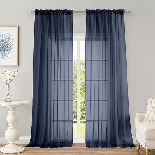 OWENIE Extra Long Navy Blue Sheer Curtains 96 Inches Long 2 Panels Set, Soft Lightweight Airy Voile Sheer Curtain for Bedroom Living Room, Rod Pocket Solid Color Farmhouse Curtains, 59" Wx96 L Inch