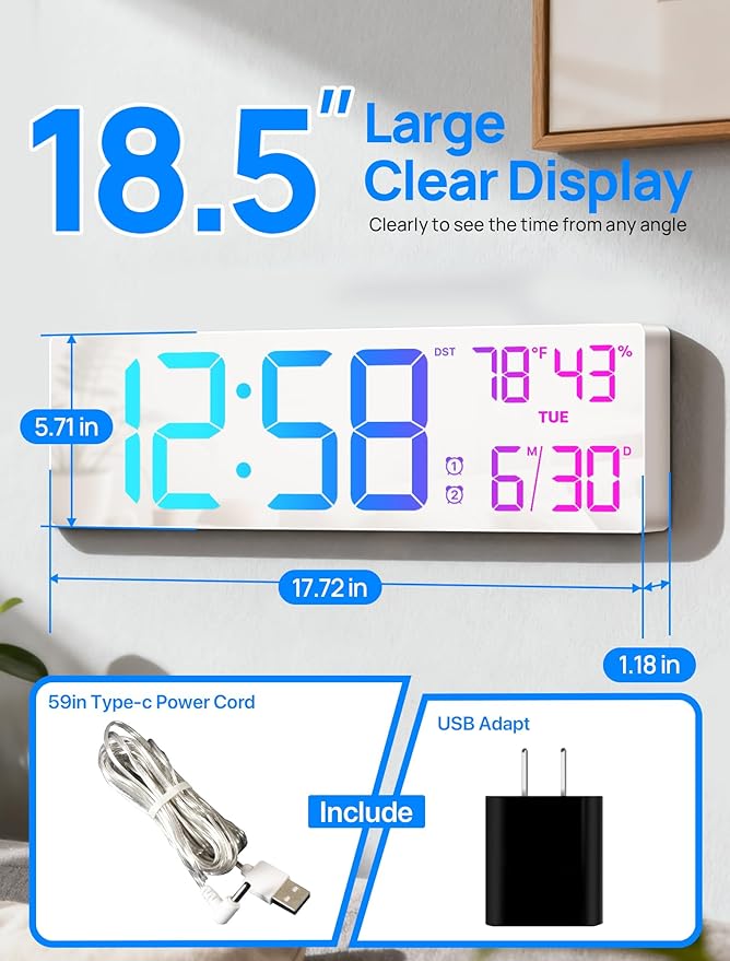 18.5" Large Digital Wall Clock with Remote Control, Big LED Display Digital Clocks with Night Light, Alarm, Countdown, DST, Temp, Date for Living Room, Bedroom, Office, Gifts for Seniors(White)