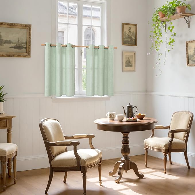 YoungsTex Sage Green Linen Semi Sheer Curtains 36 Inch Length for Kitchen Cafe Windows, Small Drapes with Bronze Grommet Light Filtering for Bathroom, 42 x 36 Inch, 2 Panels