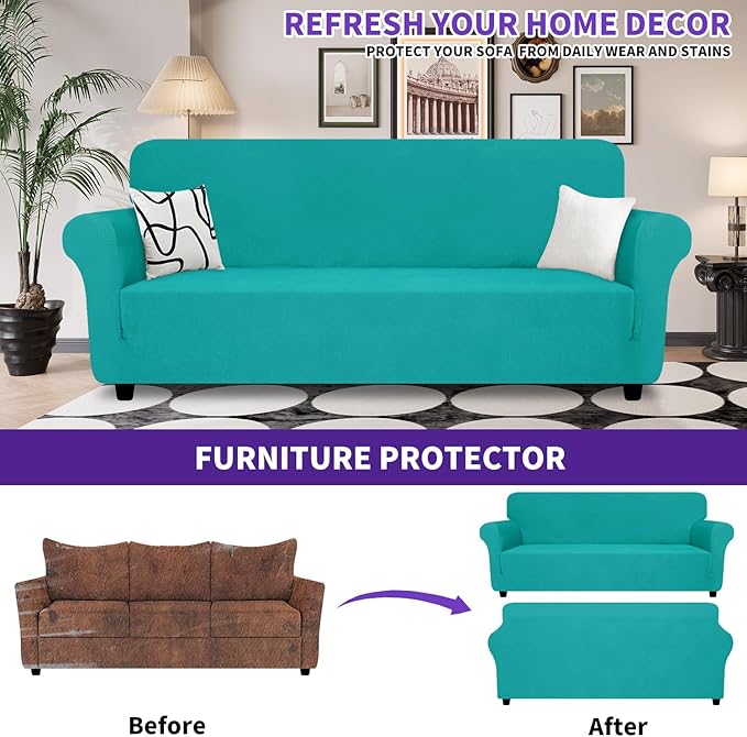 ZNSAYOTX Super Stretch Sofa Cover (72"-92"), New Striped Sofa Covers Fitted Slipcovers with Elastic Bottom, Dog Cat Pets Proof Spandex Washable Fabric Comfortable & Durable (Sofa, Peacock Teal)