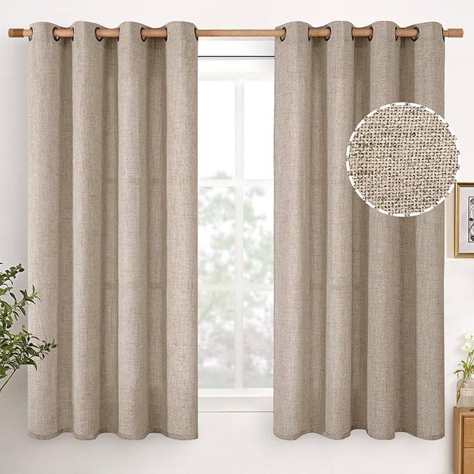 YoungsTex Dark Oatmeal Linen Curtains 54 Inch Length for Kitchen, Bronze Grommet Light FilteringTextured Window Drapes Privacy for Bedroom Living Room Decorative Burlap Rustic, 52 x 54 Inch, 2 Panels