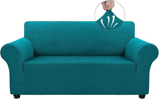 Asnomy Sofa Covers for 2 Cushion Couch Stretch loveseat Covers Slipcovers, Pet Protector Furniture Covers for Dogs Cats Spandex Jacquard Fabric Small Checks （Medium，Peacock Blue）