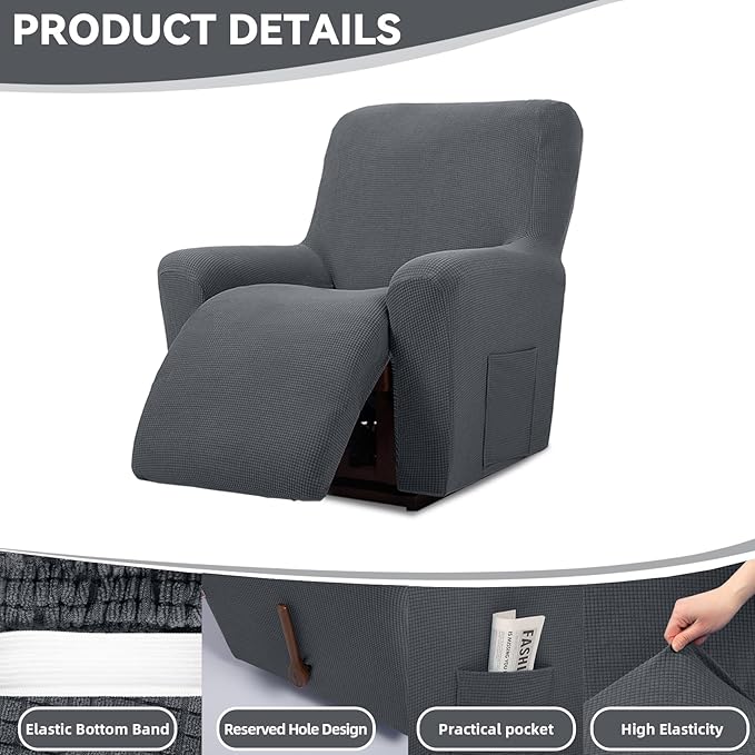 Cupuamon Recliner Chair Covers,Lazy Boy Recliner Covers Stretch Reclining Covers 1 Piece Furniture Protector with Elastic Bottom for Dog,Kids-Charcoal