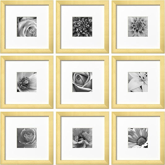 eletecpro 8x8 Picture Frames Set of 9 with Mat for 4x4 Photos or without Mat for 8x8, Square Gallery Wall Decor Collage for Picture Display, Gold Frame Set for Wall Hanging