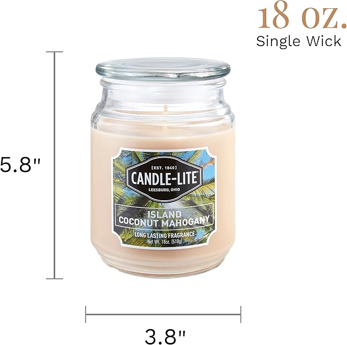 Candle-lite Scented Candles, Island Coconut Mahogany Fragrance, One 18 oz. Single-Wick Aromatherapy Candle with 110 Hours of Burn Time, White Color