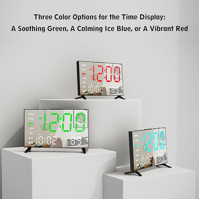 Mirror Digital Loud Alarm Clock,Indoor Temperature,USB Charging Port,Dimmer,Dual Alarms,Adjustable Volum,12/24H,Snooze,Perfect for Bedroom and Living Room (Black+Red Digit)