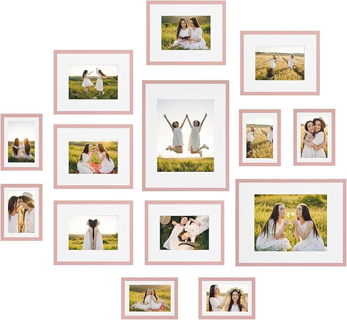 Giftgarden 14 Pack Picture Frames Set with Mats, Assorted Matted Frame for Gallery Wall & Tabletop Photo Frames Collage, Multi Sizes Including 2pcs 11x14, 6pcs 8x10, 6pcs 5x7, Pink