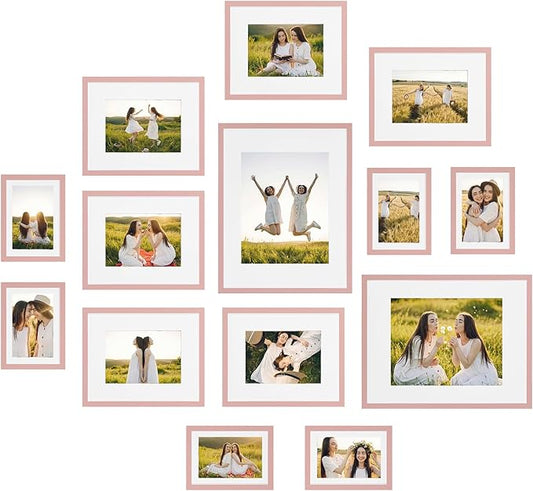 Giftgarden 14 Pack Picture Frames Set with Mats, Assorted Matted Frame for Gallery Wall & Tabletop Photo Frames Collage, Multi Sizes Including 2pcs 11x14, 6pcs 8x10, 6pcs 5x7, Pink