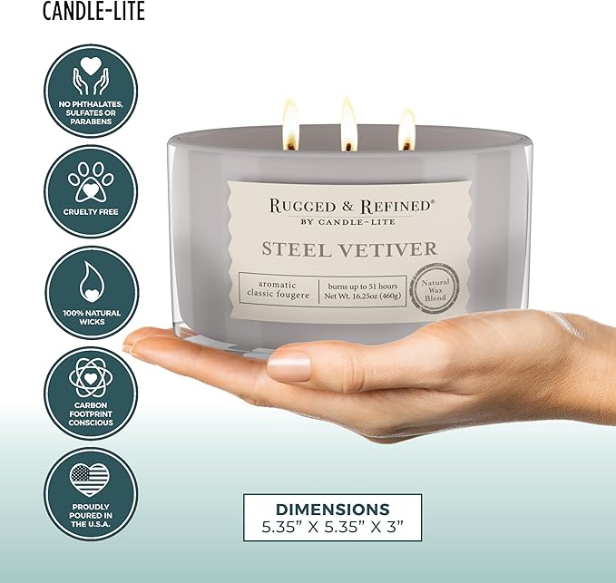 Candle-Lite Scented Candles for Men, Steel Vetiver Fragrance, 16.25 oz Jar, 3-Wick, 51 Hours of Burn Time, Masculine Aromatherapy with Long Lasting Scent, Ideal Gift for Father's Day and Home Decor