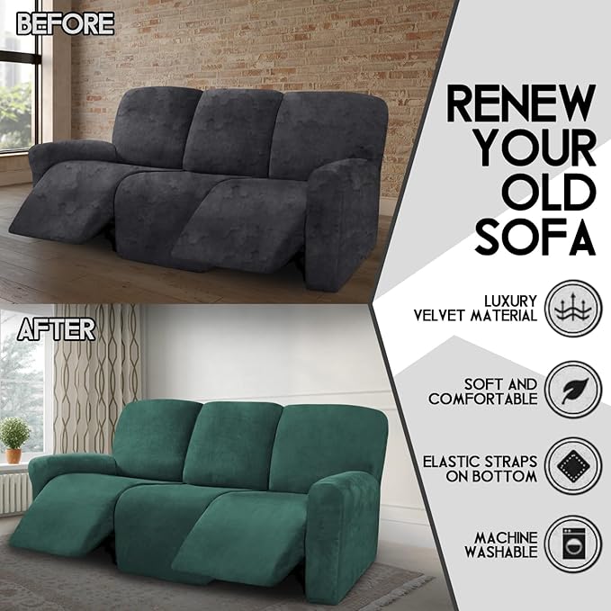 ULTICOR Velvet 8-Pieces Recliner Sofa Covers Stretch Reclining Couch Covers for 3 Cushion Reclining Sofa Slipcovers Furniture Covers Thick Soft Washable (3 Seater Recliner Cover, Retro Green)