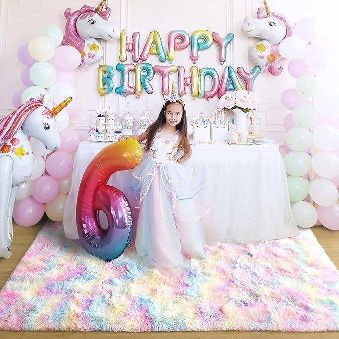 Noahas 5x7 Fluffy Rainbow Rugs for Bedroom Girls,Shag Pink Kids Room Rug,Shaggy Area Rugs for Living Room,Soft Fuzzy Colorful Playroom Nursery Dorm Carpets Room Decor