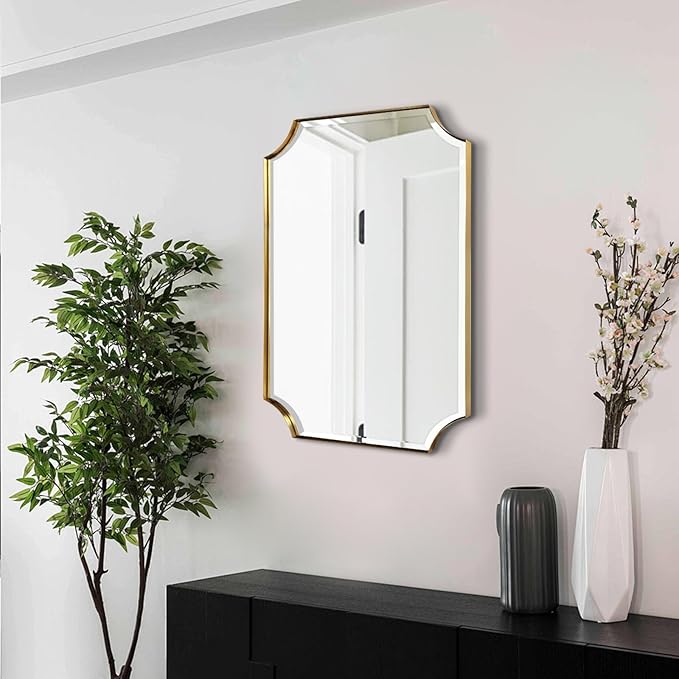 POZINO Rectangle Beveled Mirror, 22"x30" Brushed Gold Bathroom Vanity Mirror, Modern Aesthetic Scalloped Edge Wall Mirrors for Bedroom Living Room Hallway Entryway, Horizontal or Vertical Hanging