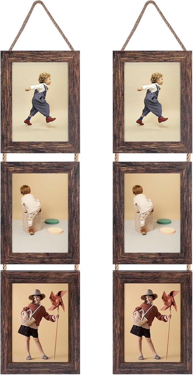 Lavezee Wall Hanging 5x7 Picture Frames Set of 2, Vertical Collage Distressed Brown Triple Frame Made to Display 5 by 7 inch Photo for Wall Decor