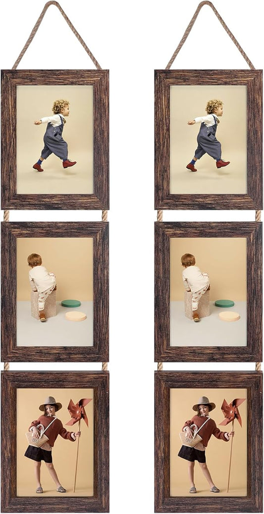 Lavezee Wall Hanging 5x7 Picture Frames Set of 2, Vertical Collage Distressed Brown Triple Frame Made to Display 5 by 7 inch Photo for Wall Decor