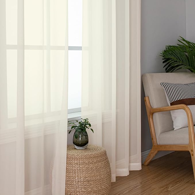 Lecloud Cream Sheer Curtains 96 Inches Long 2 Panels, Elegant Light Filtering Voile Breathable Curtains, Gauzy Window Decor with Top Dual Rod Pocket for Living Room Bedroom, Each 42" W x 96" L