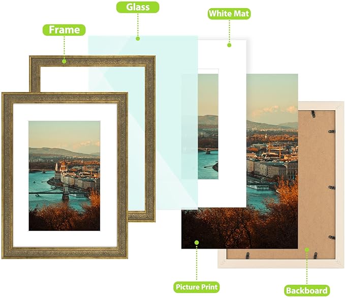 Golden State Art, 12x16 Ornate Finish Photo Frame with White Mat for 8x12 Picture & Real Glass. Color: Distressed Gold