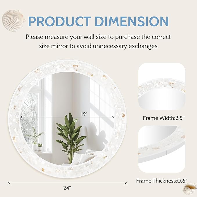 Tanmicoshomy Round Wall Mirror 24 Inch,Circle Mosaic Mirror with Natural Mother of Pearl and Wood Frame, Decorative Coastal Round Wall Mirror for Bathroom Bedroom Living Room Entryway