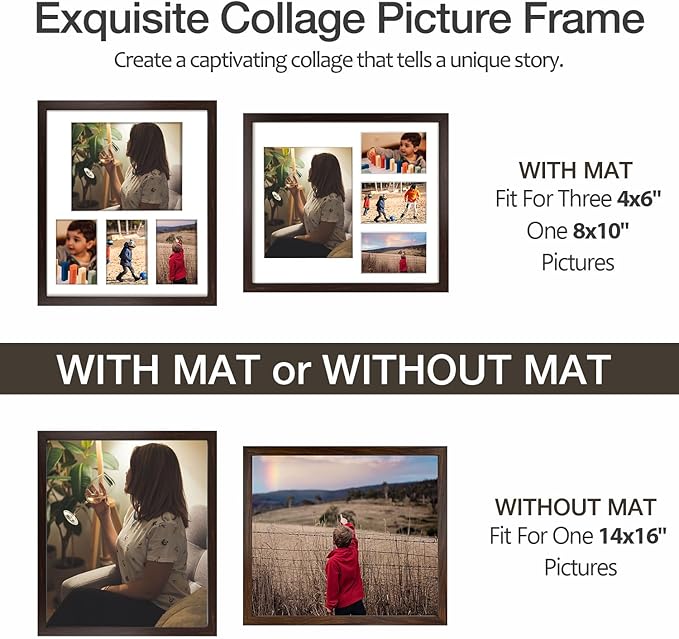 14x16 Dark Brown Wood Picture Frame - White Mat for 8x10 and 4x6 Photos - Real Glass, Sawtooth Hanger, Swivel Tabs - Wall Mounting - Great for Posters, Weddings, and Engagements